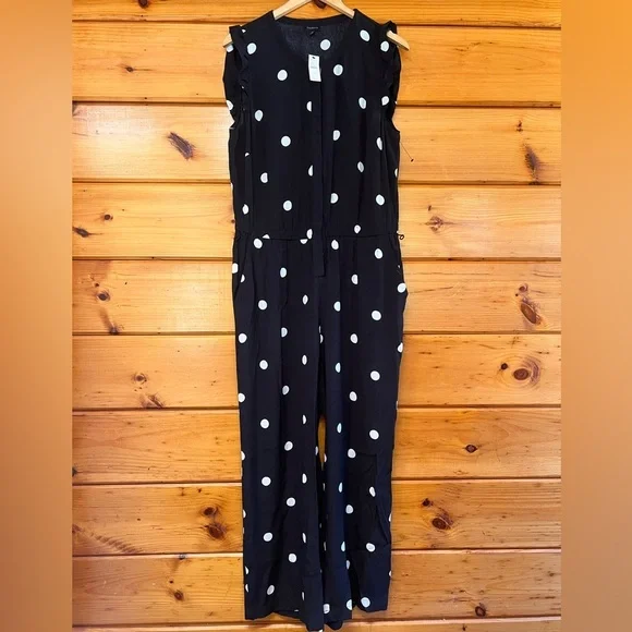 Talbots Polka Dot Black & White Ruffle Sleeves Jumpsuit Womens 10
